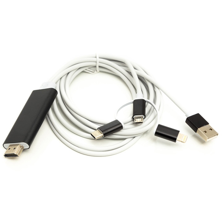 Кабель PowerPlant HDMI M - Lightning Type-C mirco USB 1 м, White