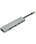 Перехідник PowerPlant USB 3.1 Type-C – USB Hub, HDMI, Card Reader (SD, micro SD), Gray
