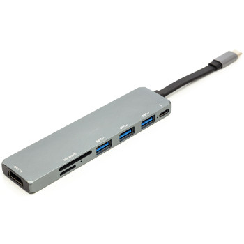 Перехідник PowerPlant USB 3.1 Type-C – USB Hub, HDMI, Card Reader (SD, micro SD), Gray