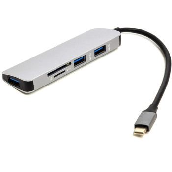 Переходник PowerPlant USB Type-C - 3*USB 3.0 Ports + TF/SD Card Reader, Gray