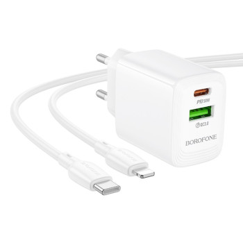 Мережевий зарядний пристрій BOROFONE BN29 Fuente PD30W / QC3.0 cable Type-C to Lightning 1m, White