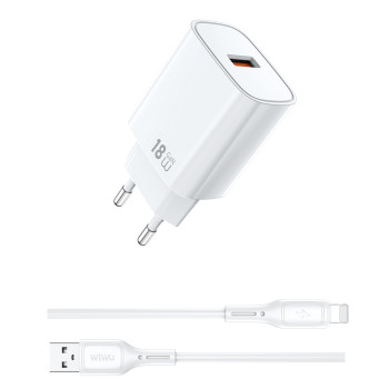 Сетевое зарядное устройство WIWU Essen GaN Wi-G006 USB QC3.0 18W with cable Lightning, White