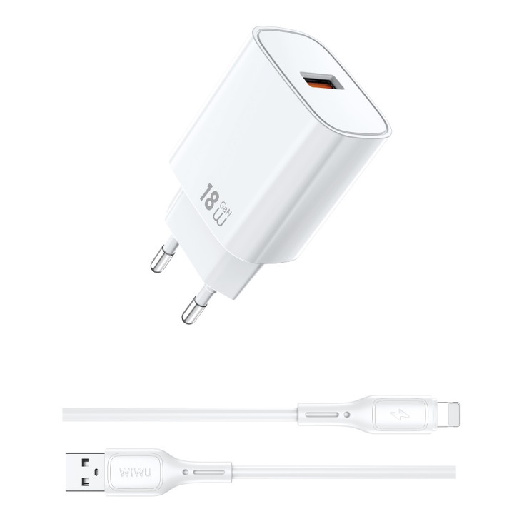 Сетевое зарядное устройство WIWU Essen GaN Wi-G006 USB QC3.0 18W with cable Lightning, White