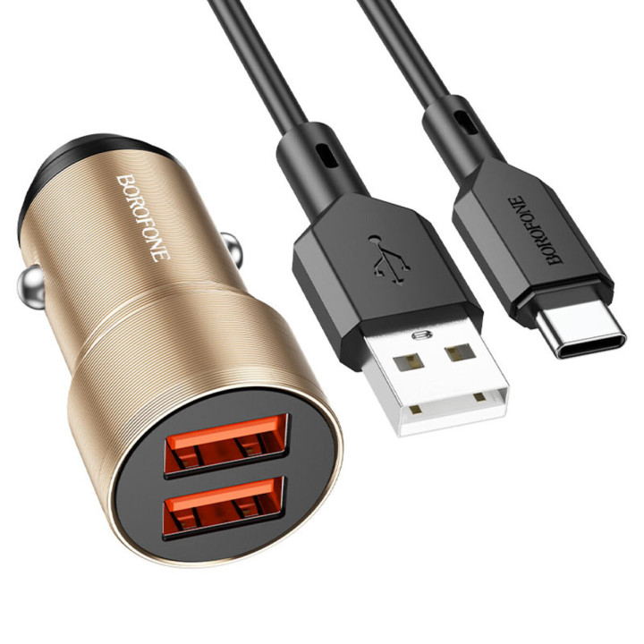 Автомобільний зарядний пристрій BOROFONE BZ19 Wisdom 2USB 12W cable Type-C, Gold