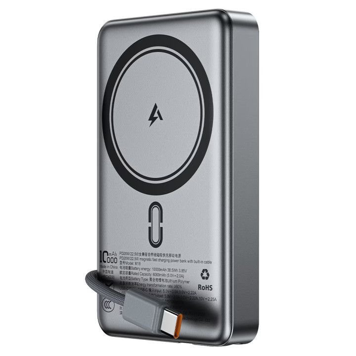 Зовнішній акумулятор Power Bank з бездротовою зарядкою ACEFAST M18 Type-C PD20W 10000mAh, Black