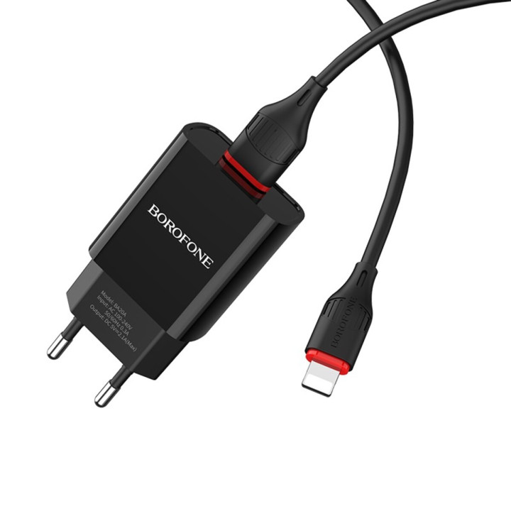 Мережевий зарядний пристрій BOROFONE BA20A Sharp cable BX17 Lightning 1m, Black