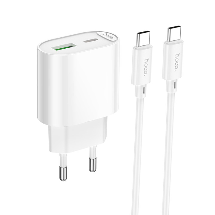 Сетевое зарядное устройство HOCO C109A с кабелем Type-C - Type-C PD20W/QC3.0, White