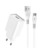 Мережевий зарядний пристрій WUW T82 з кабелем USB-A to USB-C, White