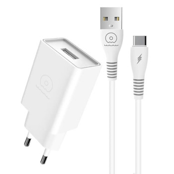 Мережевий зарядний пристрій WUW T82 з кабелем USB-A to USB-C, White