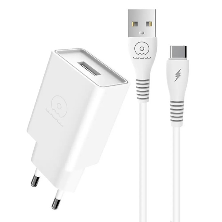 Мережевий зарядний пристрій WUW T82 з кабелем USB-A to USB-C, White