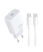 Мережевий зарядний пристрій WUW T108 PD40W з кабелем USB-C to USB-C, White
