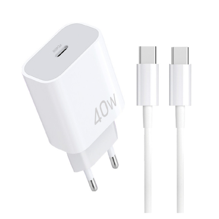 Сетевое зарядное устройство WUW T108 PD40W с кабелем USB-C to USB-C, White