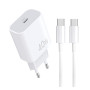 Сетевое зарядное устройство WUW T108 PD40W с кабелем USB-C to USB-C, White