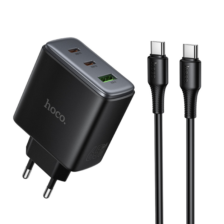 Мережевий зарядний пристрій HOCO C160A Type-C PD65W / USB QC3.0 with cable, Black