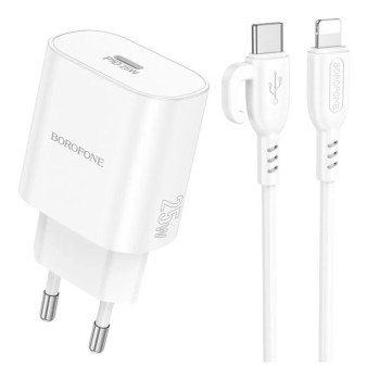 Мережевий зарядний пристрій BOROFONE BA82A Platinum single port PD25W / QC3.0 Cable Type-C to Lightning, White