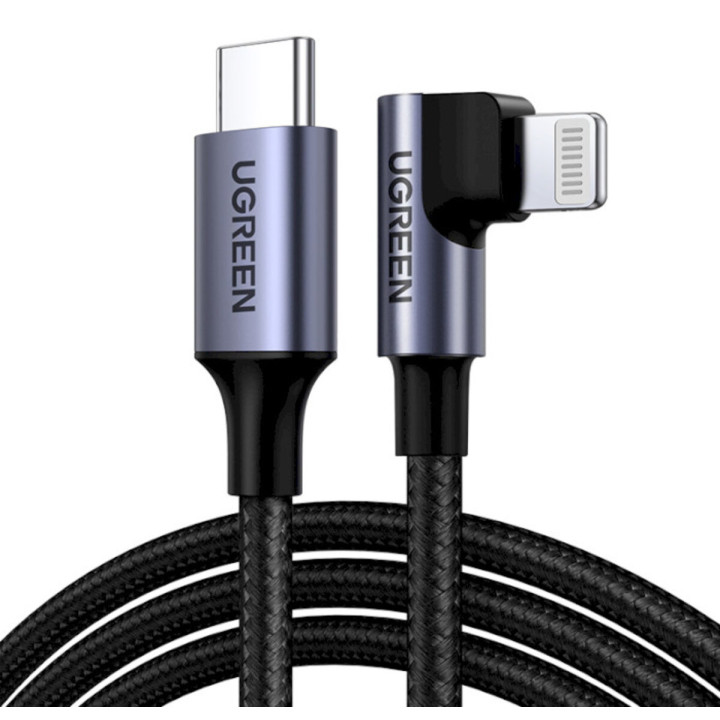 Data-Кабель UGREEN US305 Type-C to Lightning 36W 3A Angled Cable Aluminum Shell Braided 1m, Black