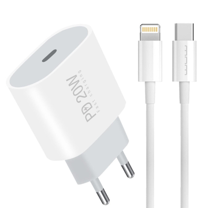 Сетевое зарядное устройство WUW T79L PD20W с кабелем USB-C to Lightning, White