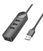 USB Хаб Borofone DH6 Erudite 4-in-1 100 Mbps Ethernet USB to USB2.0*3+RJ45 1.2M, Black