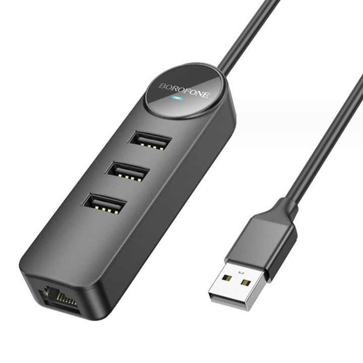 USB Хаб Borofone DH6 Erudite 4-in-1 100 Mbps Ethernet USB to USB2.0*3+RJ45 1.2M, Black