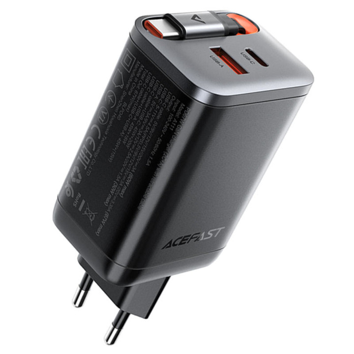 Сетевое зарядное устройство ACEFAST A111 PD67W / QC4.0 with retractable cable, Black