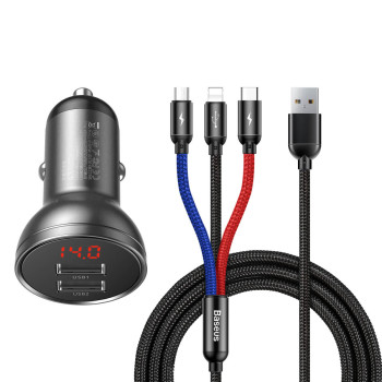 Автомобильное зарядное устройство Baseus Digital Display Dual USB 4.8A Car Charger 24W + Three Primary Colors 3-in-1 / Cable 1.2M
