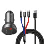 Автомобильное зарядное устройство Baseus Digital Display Dual USB 4.8A 24W cable 3-in-1 1.2m, Black