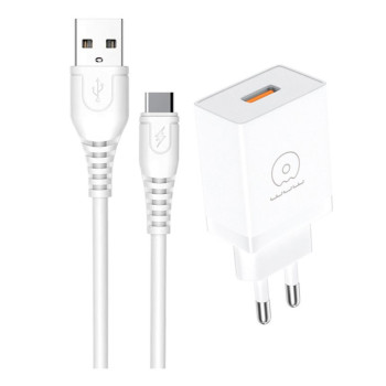 Мережевий зарядний пристрій WUW T66 з кабелем USB-A to USB-C, White