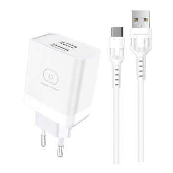 Мережевий зарядний пристрій WUW T92 з кабелем USB-A to USB-C, White