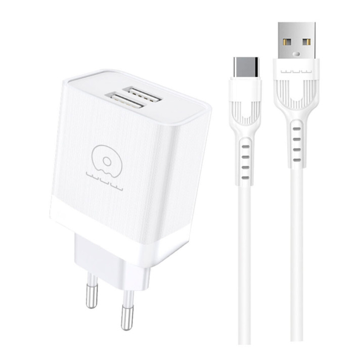 Сетевое зарядное устройство WUW T92 с кабелем USB-A to USB-C, White
