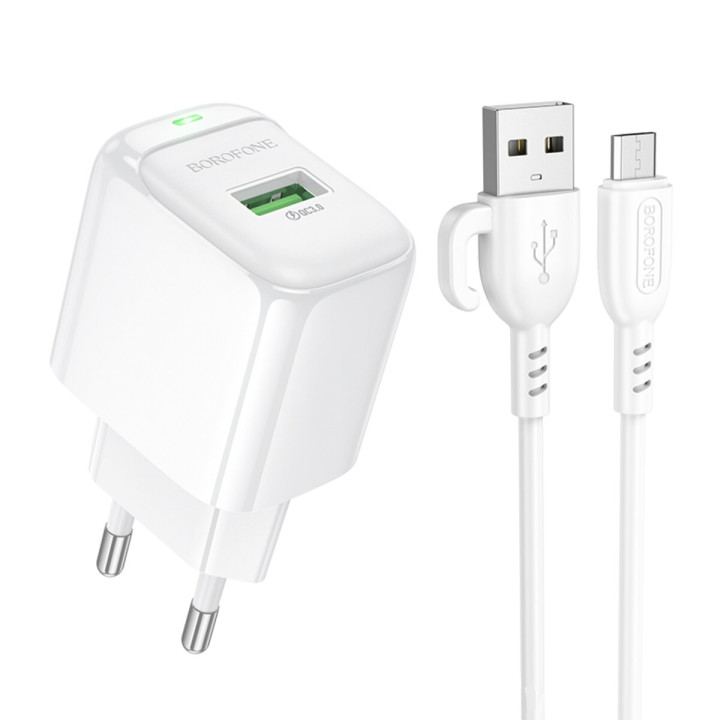 Мережевий зарядний пристрій BOROFONE BAS42A Potential USB QC3.0 18W cable Micro-USB (EU) 1m, White