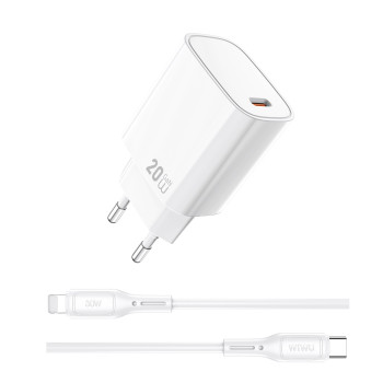 Мережевий зарядний пристрій WIWU Essen GaN Wi-G007 Type-C PD20W with cable Lightning, White