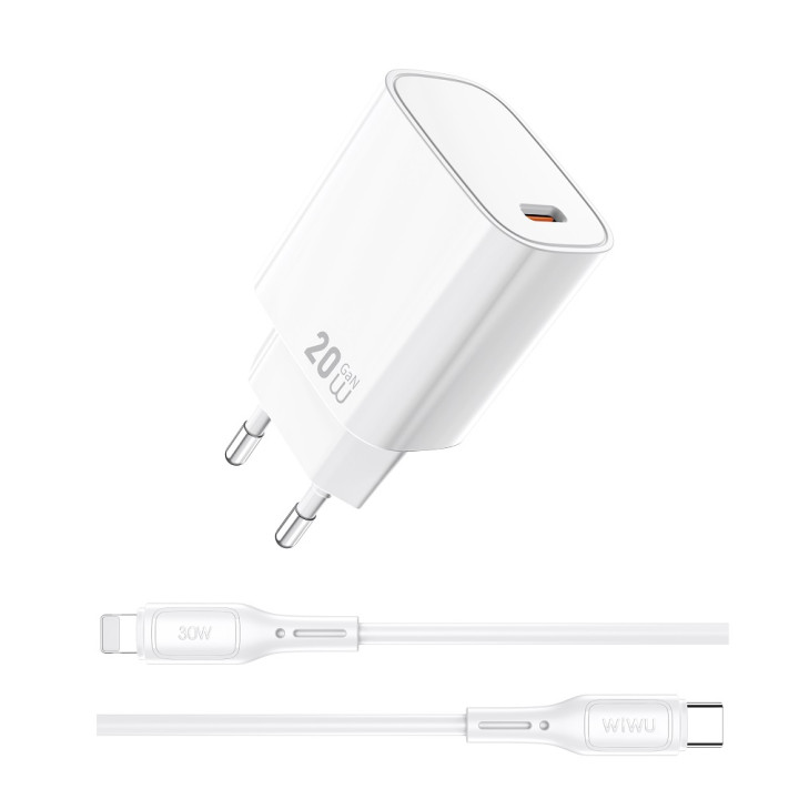 Сетевое зарядное устройство WIWU Essen GaN Wi-G007 Type-C PD20W with cable Lightning, White