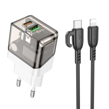 Мережевий зарядний пристрій BOROFONE BA80A PD20W / QC3.0 cable Type-C to Lightning, Transparent Black