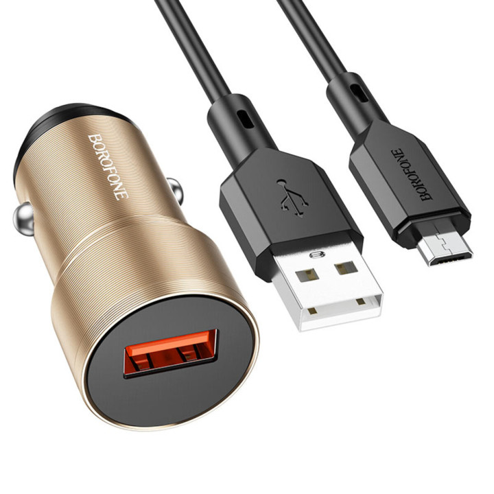 Автомобільний зарядний пристрій BOROFONE BZ19A Wisdom USB QC3.0 cable Micro-USB 18W, Gold