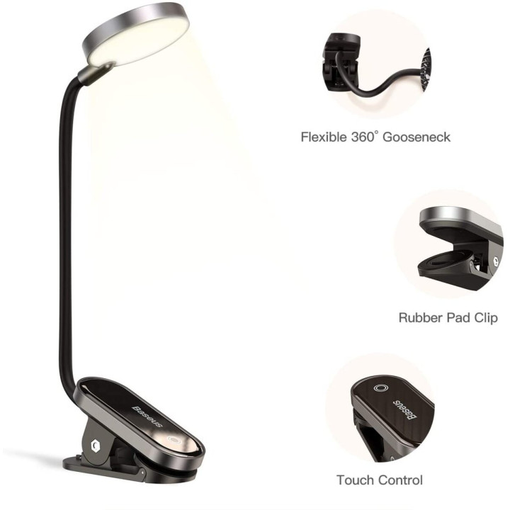 Портативний світильник Baseus Comfort Reading Mini Clip Lamp 350 mAh, Dark Gray