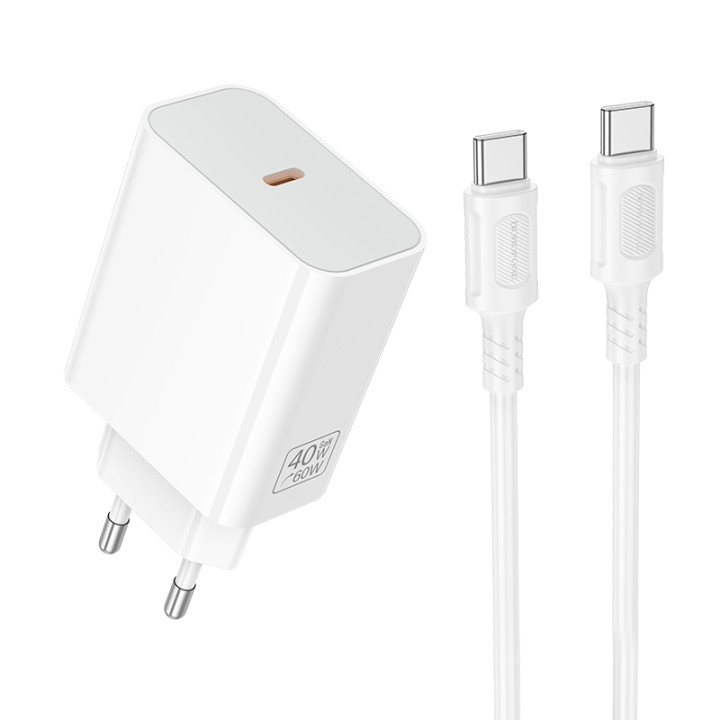 Сетевое зарядное устройство BOROFONE BA109A PD40W с кабелем USB-C to USB-C, White