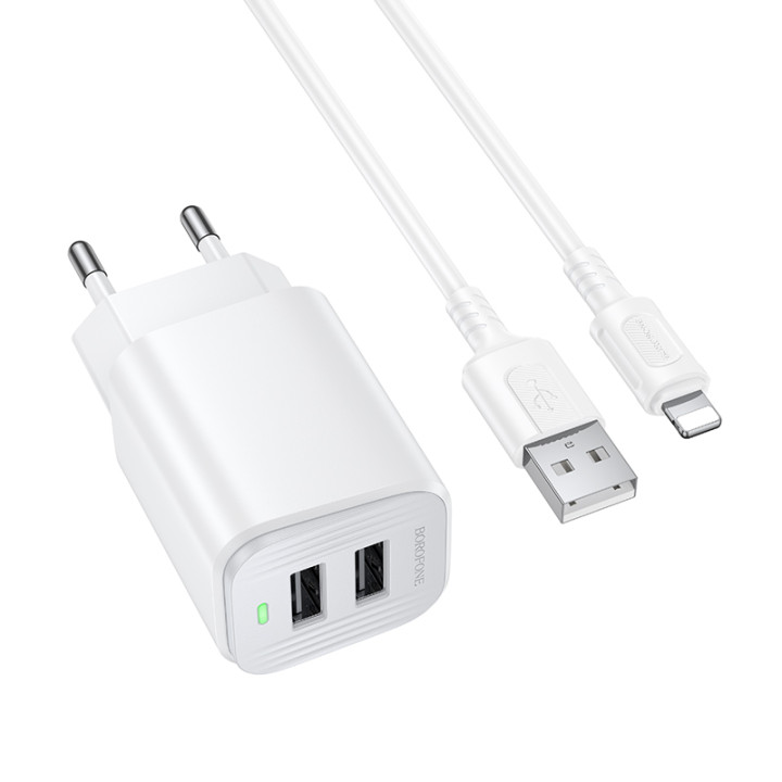 Сетевое зарядное устройство BOROFONE BAS81A с кабелем USB-A to Lightning, White