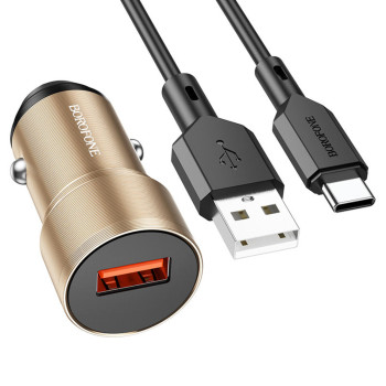 Автомобільний зарядний пристрій BOROFONE BZ19A Wisdom USB QC3.0 cable Type-C 18W, Gold