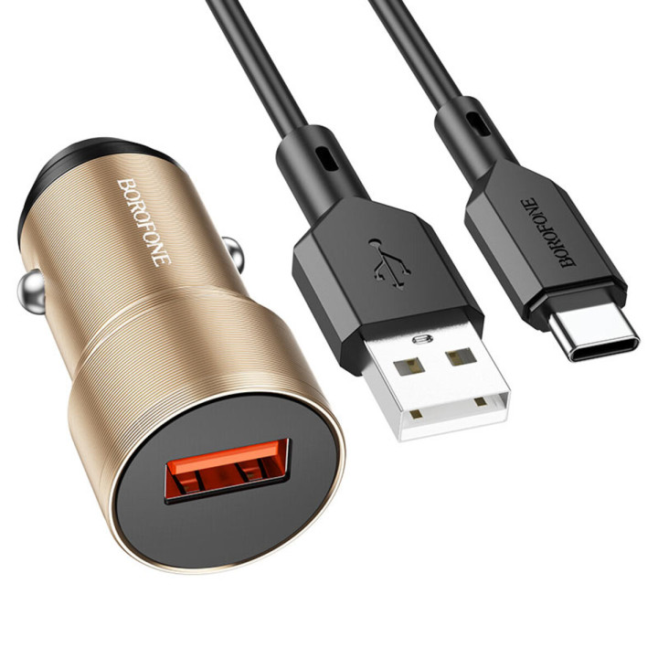 Автомобільний зарядний пристрій BOROFONE BZ19A Wisdom USB QC3.0 cable Type-C 18W, Gold