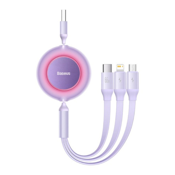 Data Кабель Baseus Bright Mirror 2 Series Retractable 3-in-1 Fast Charging USB to Micro + Lightning + Type-C 66W 1.1m, Purple