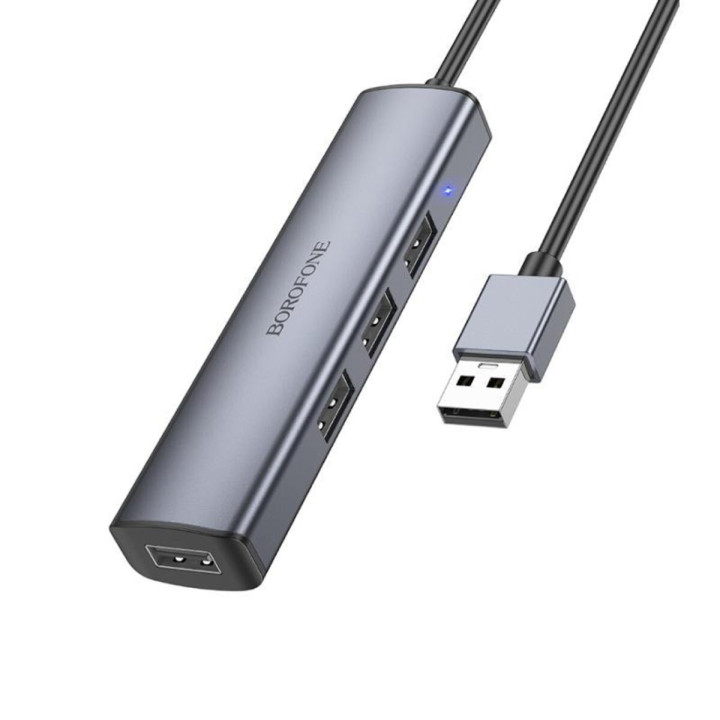 USB Hub адаптер BOROFONE DH12 Smart 4-in-1 converter 1.2M, Metal Gray