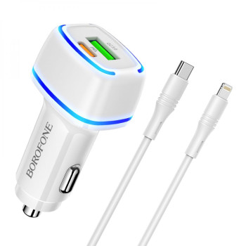 Автомобільний зарядний пристрій Borofone BZ14A PD20W QC3.0 Type-C to Lightning 3A, White