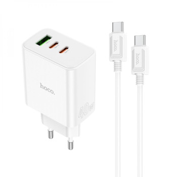 Мережевий зарядний пристрій Hoco C126A Pure PD40W QC3.0 (2Type-C / 1Type-A) Type-C to Type-C, White