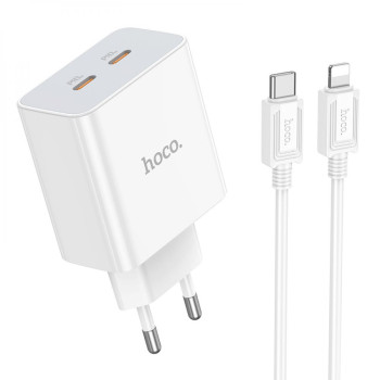 Мережевий зарядний пристрій Hoco C108A Leader 2Type-C PD35W QC3.0 Type-C to Lightning, White