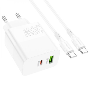 Сетевое Зарядное Устройство Borofone BA75A Powerfull Type-C PD30 / USB QC3.0 cable Type-C to Type-C, White