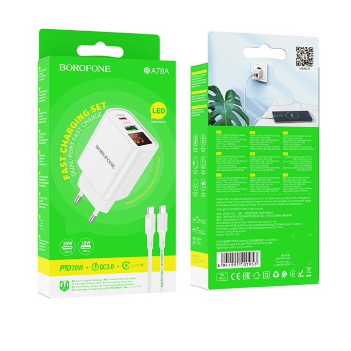 Мережевий Зарядний Пристрій Borofone BA78A PD20W / QC3.0 Digital Type-C to Type-C, White