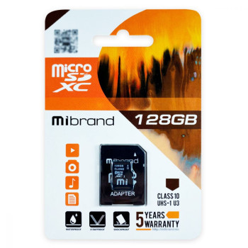 Карта Памяти Mibrand MicroSDXC 128gb UHS-1 U3 10 Class + адаптер, Black