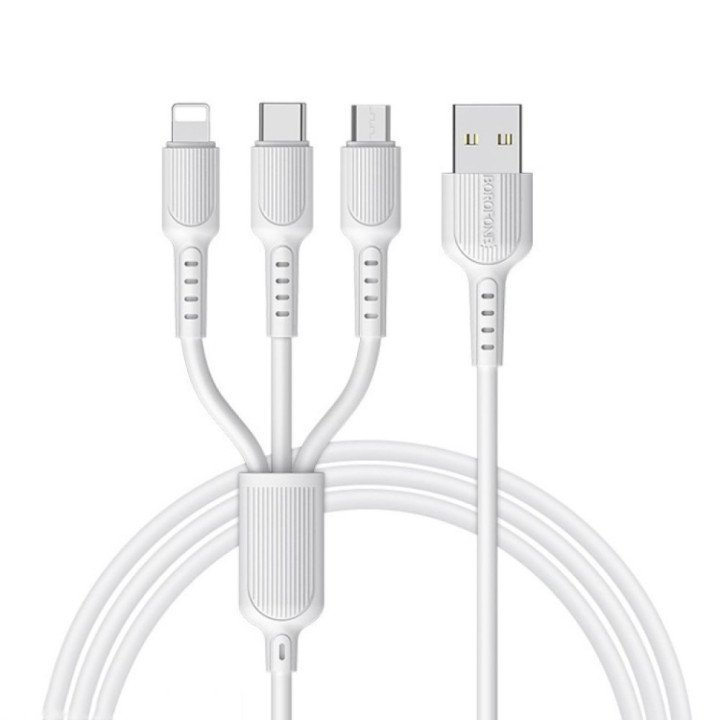 USB кабель Borofone BX16 3-in-1 Easy IP+Micro+Type-C 1 м, White
