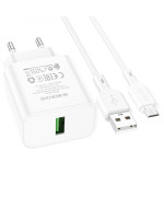 Мережевий Зарядний Пристрій Borofone BA72A Spring USB QC3.0 cable USB-MicroUSB, White