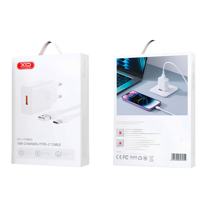 Сетевое Зарядное Устройство XO L127 QC3.0 18W 3A cable USB to Type-C, White